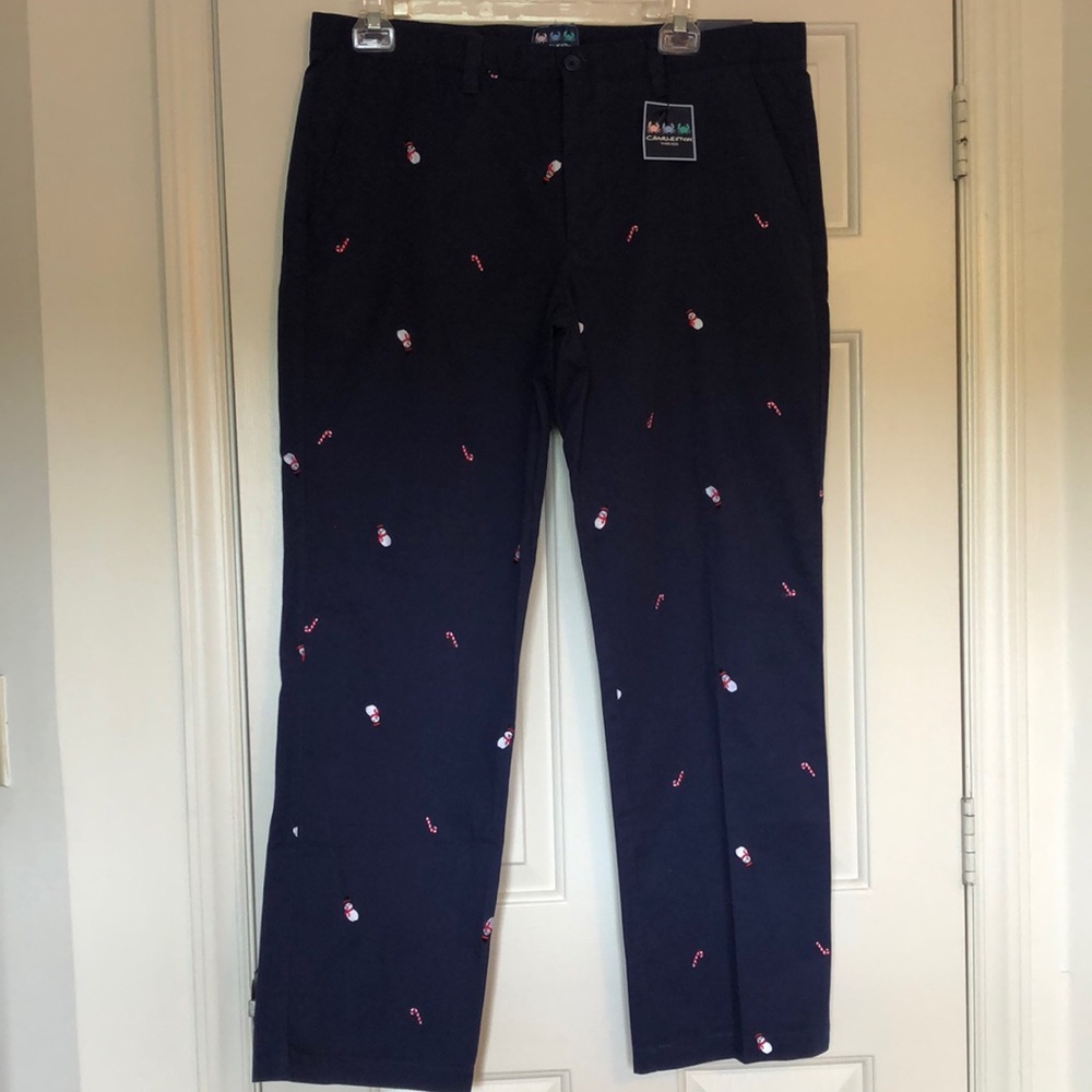 Charleston Threads navy pants with snowmen and candy cane embroidery size 38x32